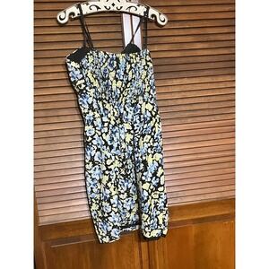 BCBGeneration Womens Floral Smocked Back Sun Dress Blue Yellow Size M